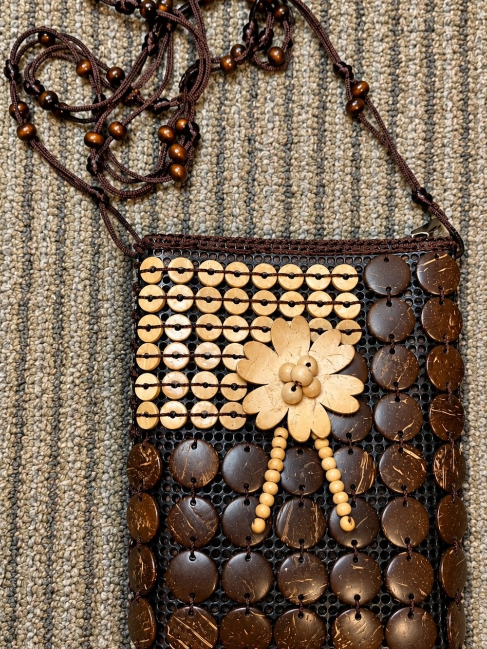 Boho Beaded Crossbody Bag in Dark Brown and Natural